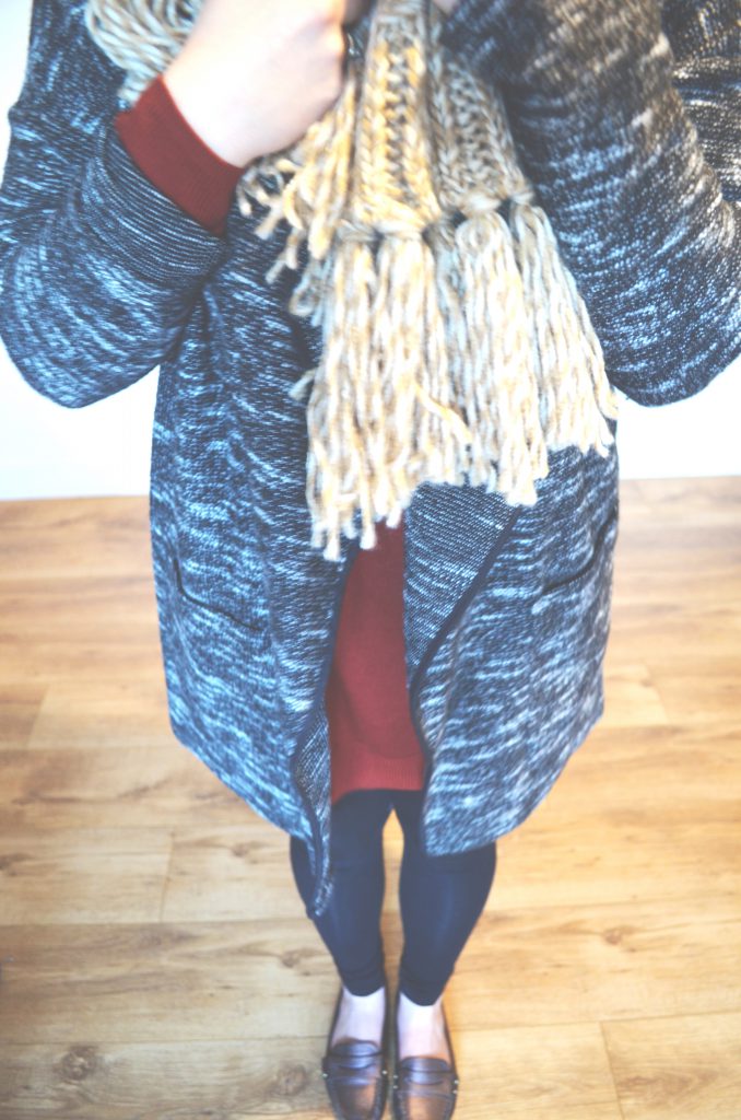 black jumper, leggings and scarf