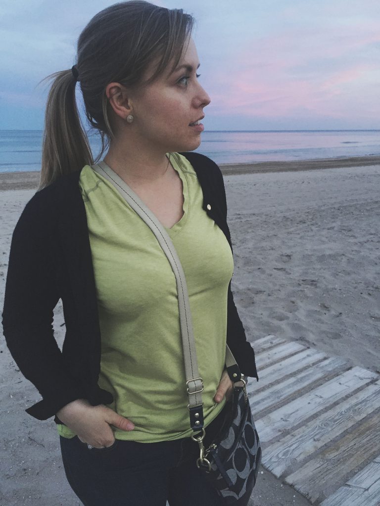 Neon sporty top and cardigan on the beach in Playa San Juan, Alicante