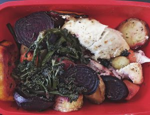 chicken, beets, broccoli stems, turnips and carrots, paleo lunch